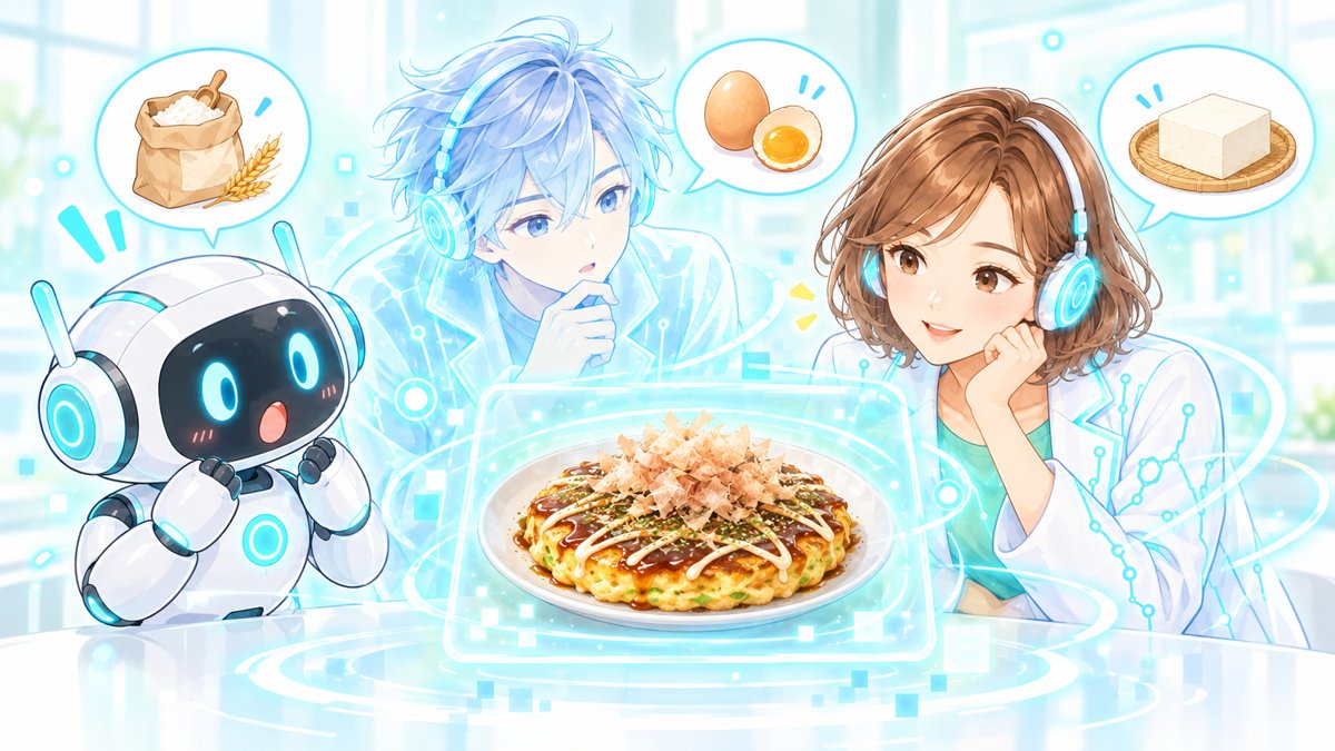 同じ食事の写真を3つのAIが見比べ、小麦粉・卵・豆腐と見立てがちがうイラスト