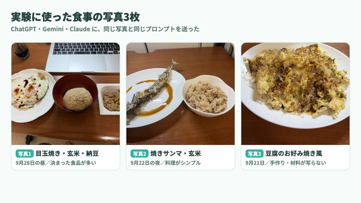 AIカロリー計算の実験に使った食事の写真3枚(目玉焼き・玄米・納豆/焼きサンマ・玄米/豆腐のお好み焼き風)