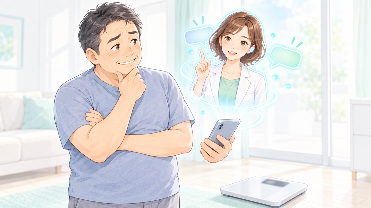 体重計の前で腕を組む50代男性と、スマホから浮かぶAIダイエットコーチのイラスト