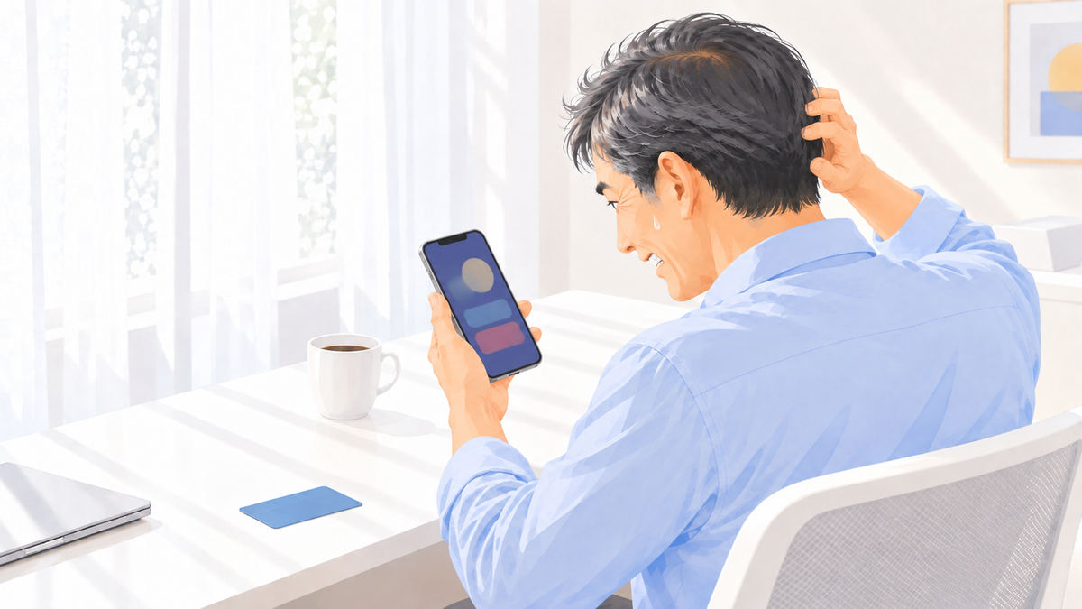 スマホを見て頭をかく男性のイラスト