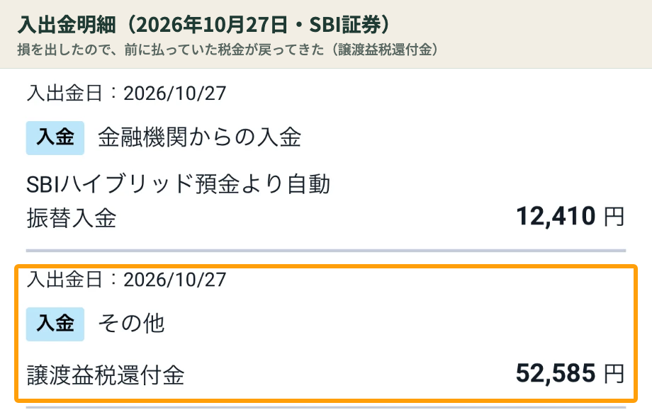 SBI 入出金明細 譲渡益税還付金