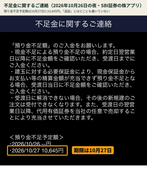 SBI 不足金に関するご連絡 預り金不足 10,645円