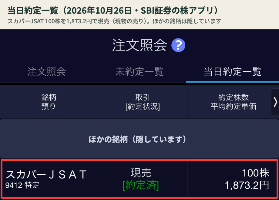 SBI 当日約定一覧 スカパー 現売 100株