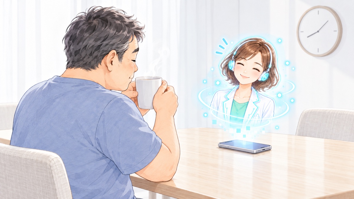朝、朝食のかわりに白湯を飲む50代の男性と、スマホの上でうなずくAIダイエットコーチのイラスト