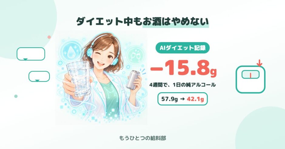 ダイエット中もお酒はやめない。4週間で1日の純アルコール−15.8g（57.9g→42.1g）