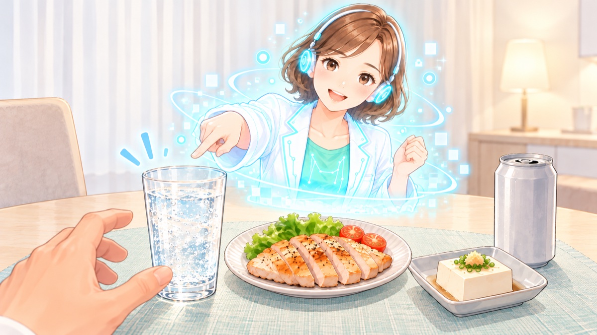 缶を開ける前に、炭酸水と鶏むね肉・冷奴の1皿。AIコーチが炭酸水を指さすイラスト