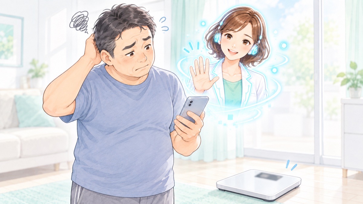 体重計の前で頭をかく50代の男性と、待ってと手を上げるAIダイエットコーチのイラスト