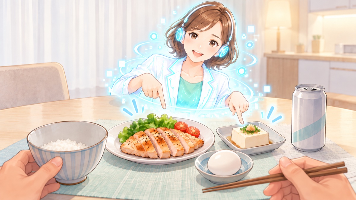 半分のご飯と鶏むね肉・豆腐・卵、開けていない缶。AIコーチが1皿を指さすイラスト
