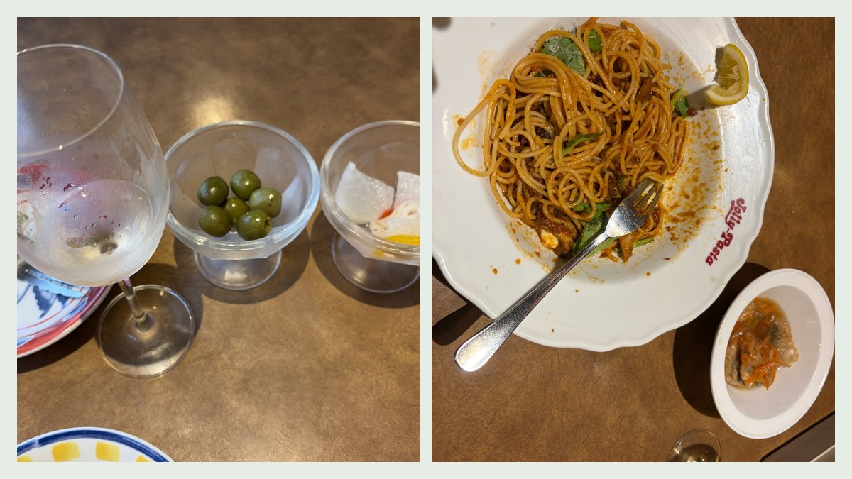 ダイエット中の外食。ジョリーパスタで白ワインとオリーブ、きのこのボロネーゼ。翌朝は−0.8kg