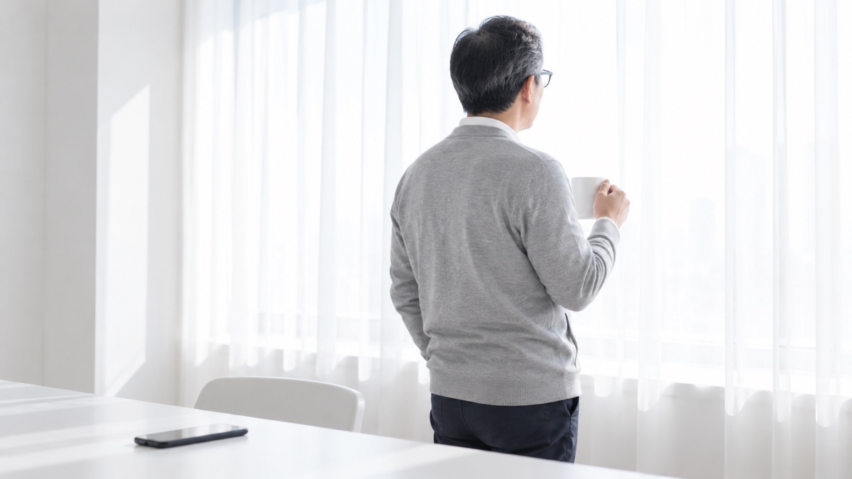 現引きを決めたあと窓辺に立つ後ろ姿