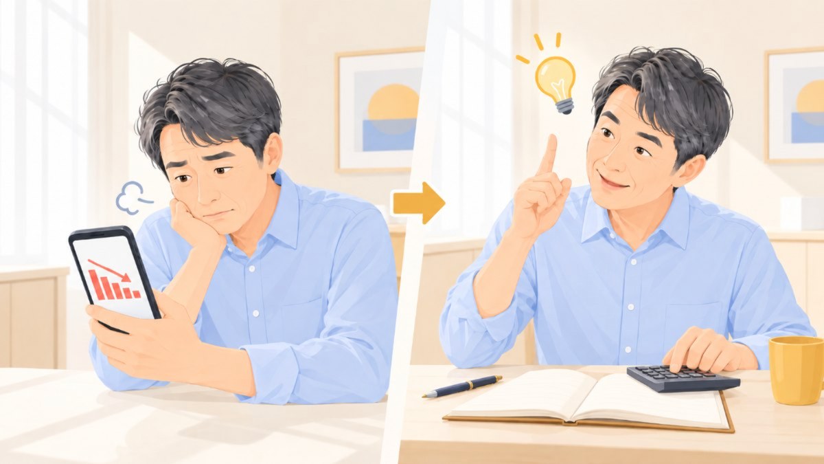 評価損益がマイナスでため息、足し直して気づいた57歳のイラスト