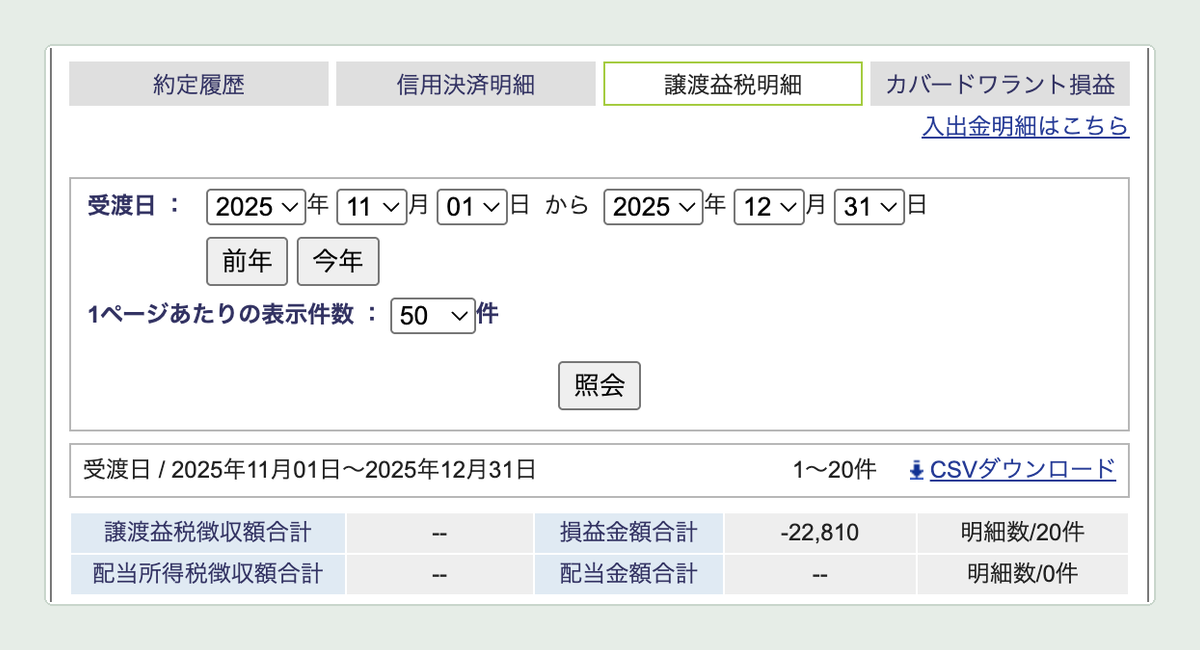 SBI証券の実現損益の確認 譲渡益税明細 2025年