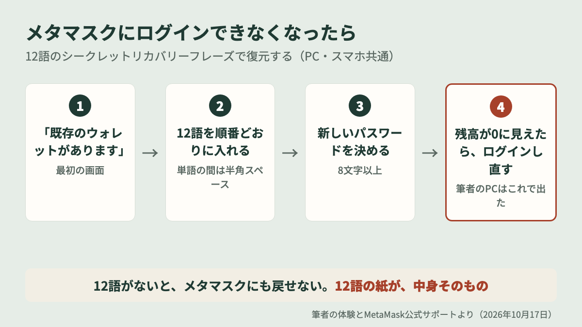 メタマスクにログインできなくなったときの復元方法の手順