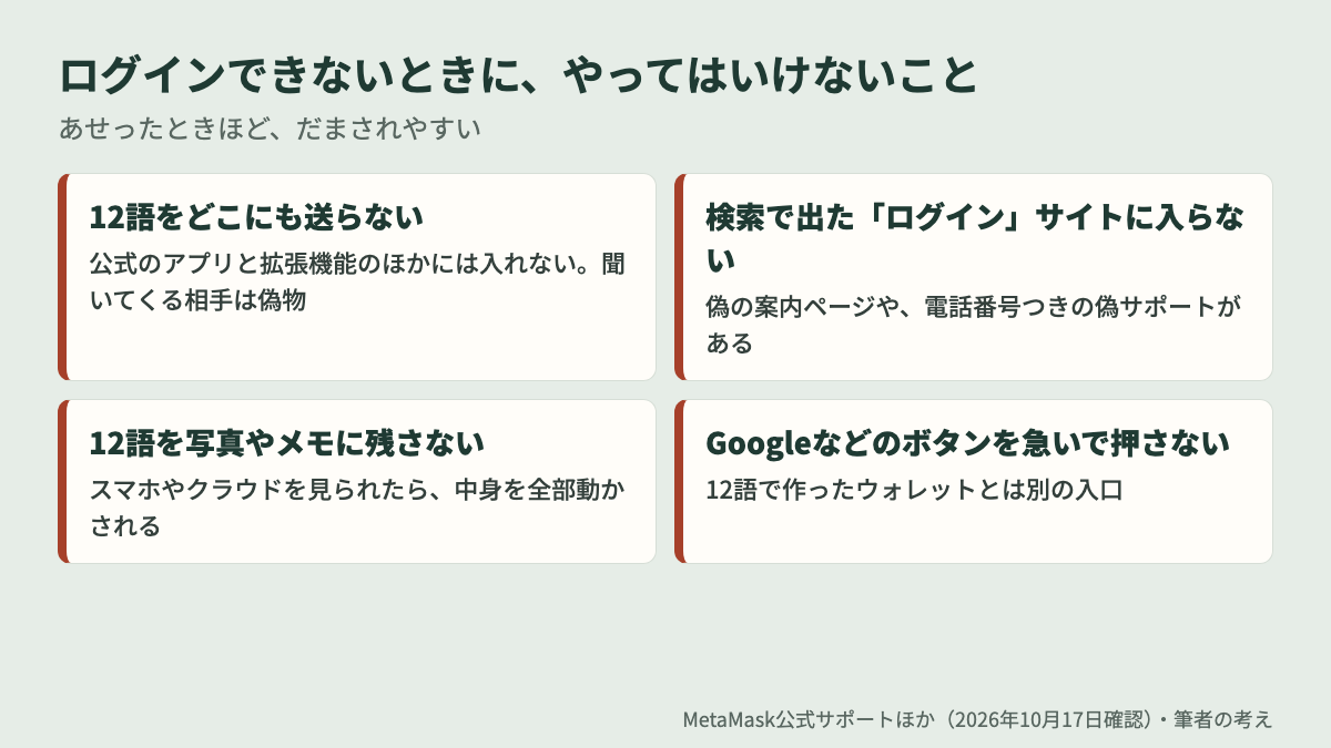 メタマスクにログインできないときにやってはいけないこと