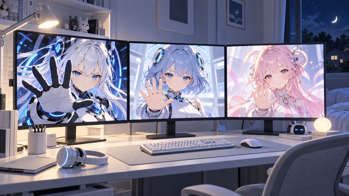 3つの画面のAIのキャラクターが止まれと手を出すイラスト