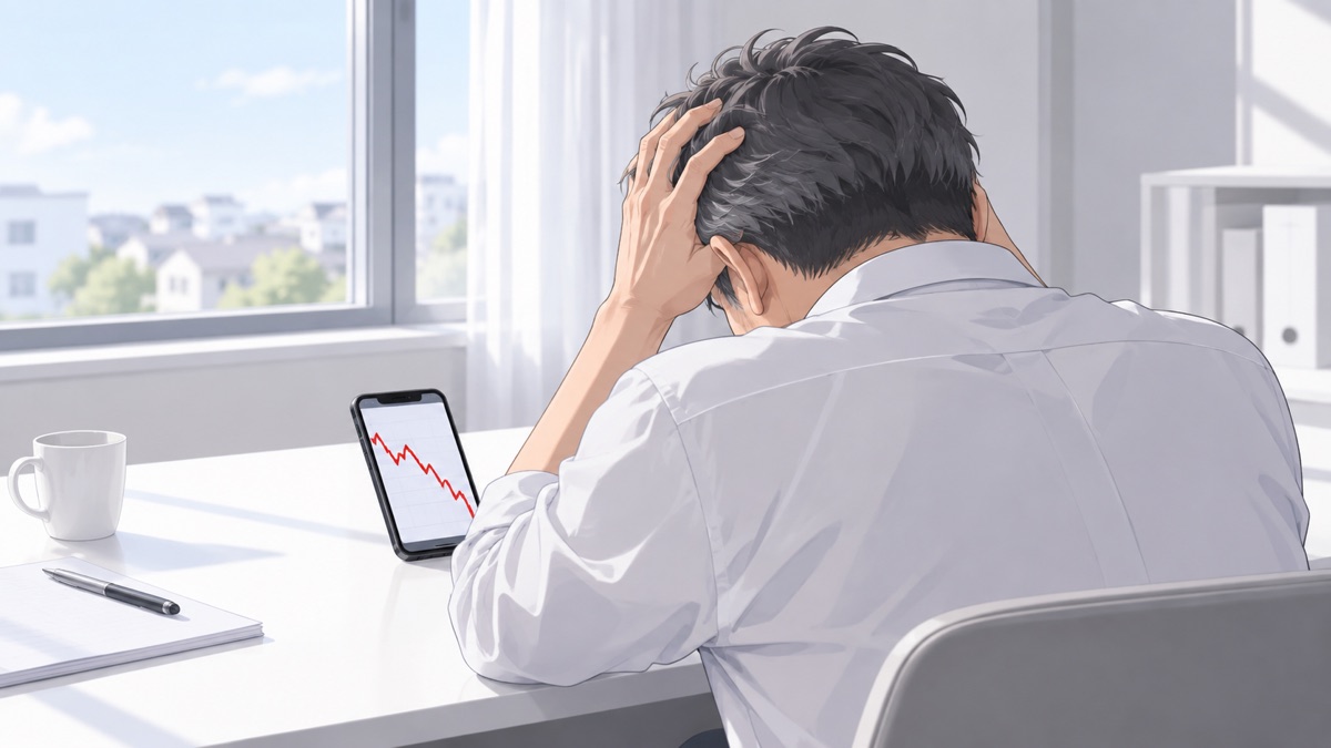 塩漬け株のチャートが映ったスマホを前に頭をかかえる男性のイラスト