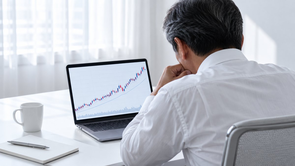 上がっていく株価チャートの画面に向かう50代の男性の後ろ姿