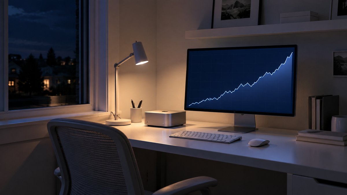 夜の部屋で静かに動く小さなパソコンと、上向きのグラフ