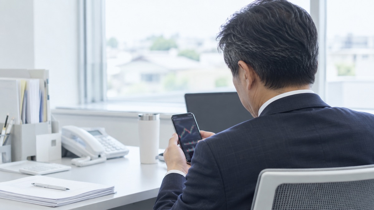 昼休みに会社の席でスマホの株の画面を見る会社員の後ろ姿