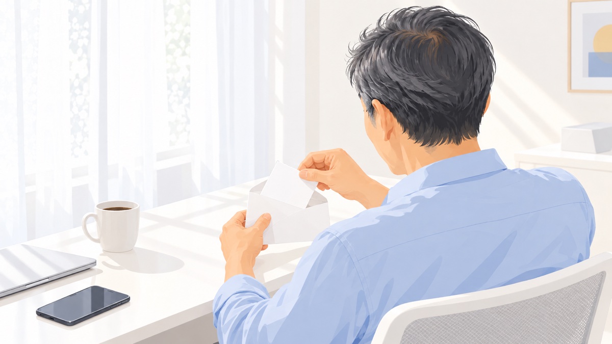 シードフレーズの紙を封筒に入れて保管する男性のイラスト