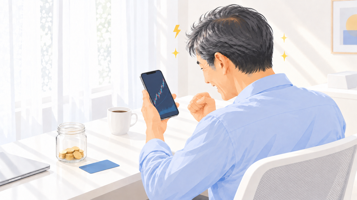 株価に夢中になって興奮する57歳の男性のイラスト