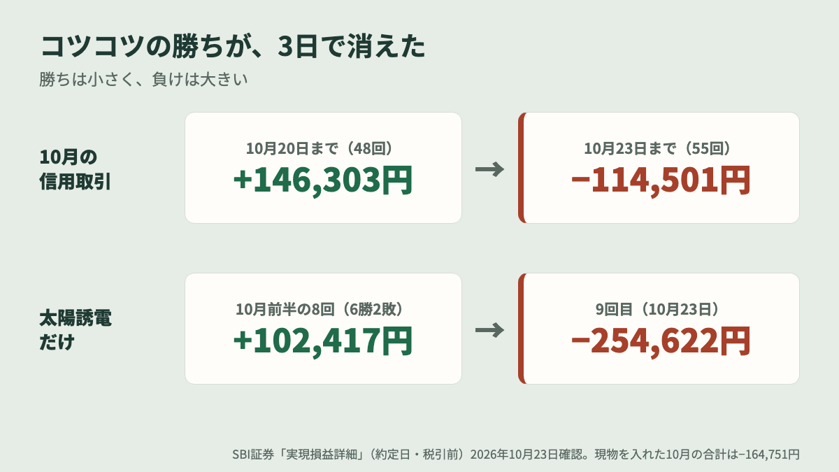 コツコツの勝ちが3日で消えた(太陽誘電は1回で−254,622円)