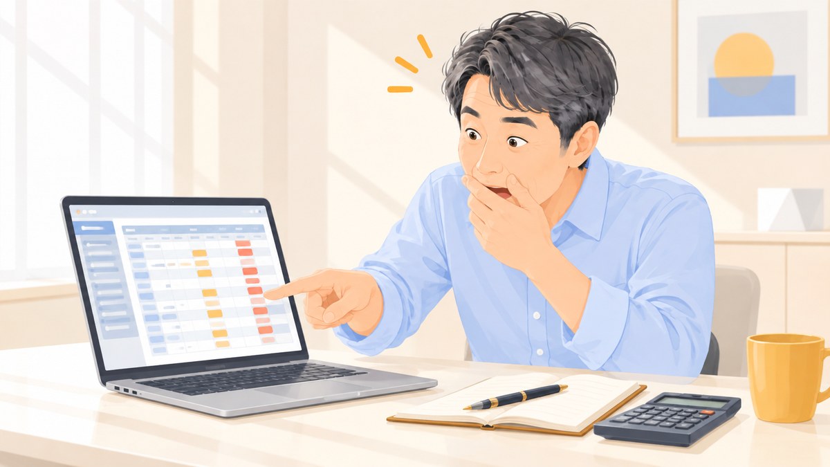 パソコンの明細を見て驚く57歳の男性のイラスト