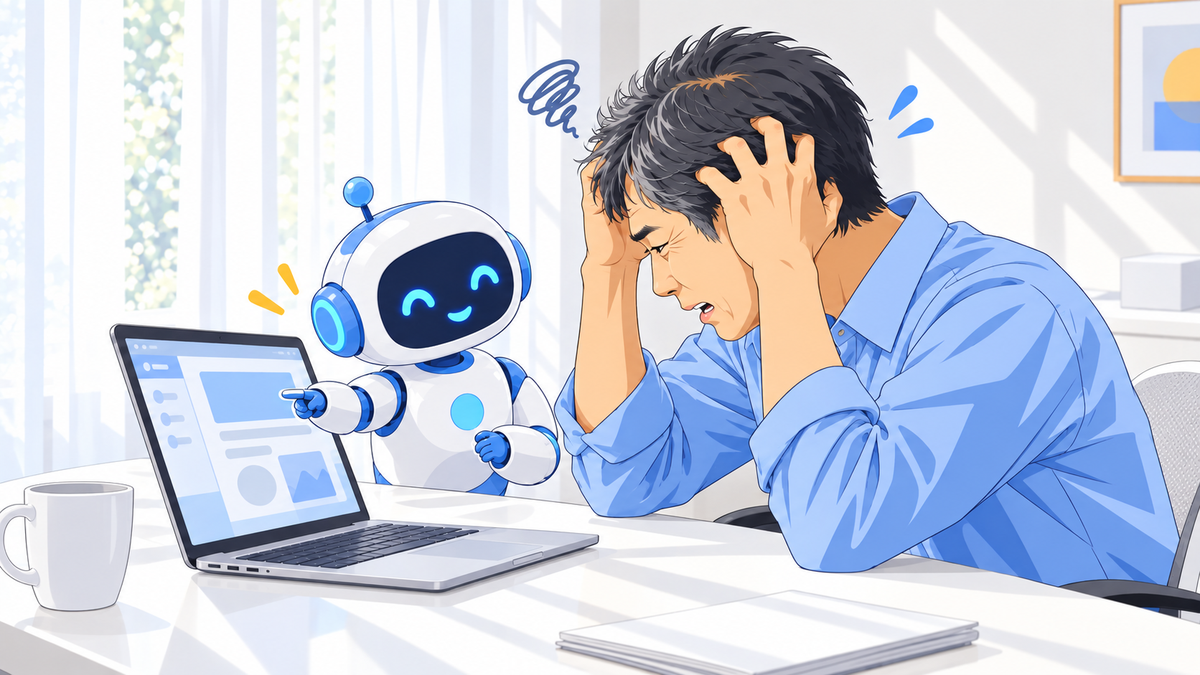 WordPressの脆弱性で困る男性とAIのアシスタント
