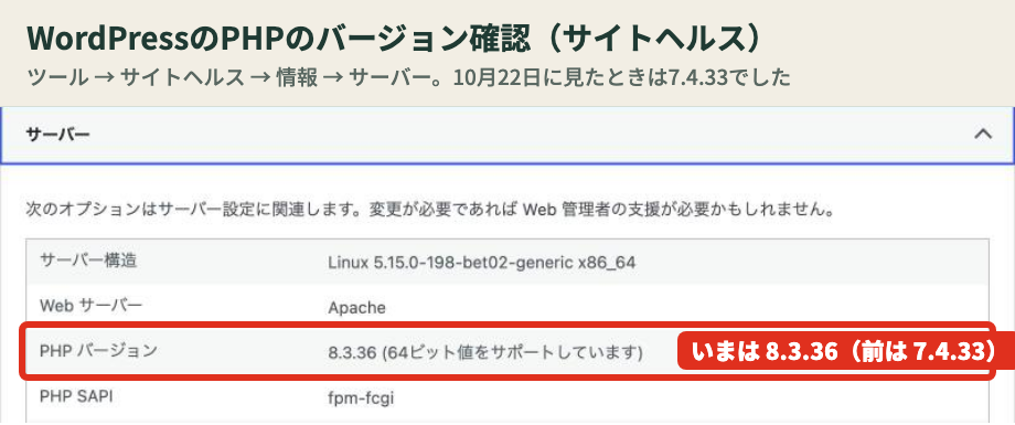 WordPressのPHPのバージョン確認（サイトヘルス）