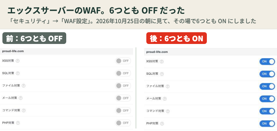 エックスサーバーのWAF設定（OFFからONへ）